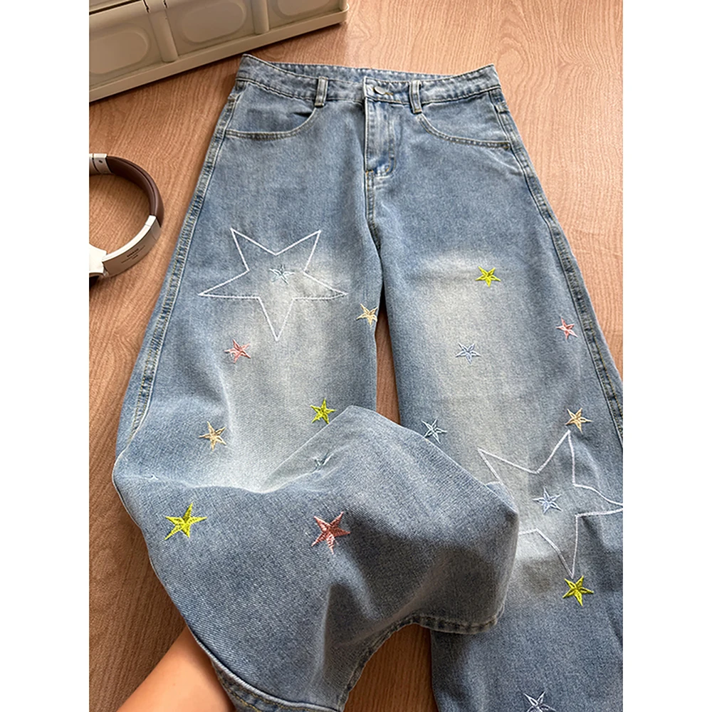 Mode Sterren Borduren Blauwe Jeans voor Dames Lente Herfst Hoge Taille Rechte Losse Denim Broek Retro Gewassen Blauwe Jeans