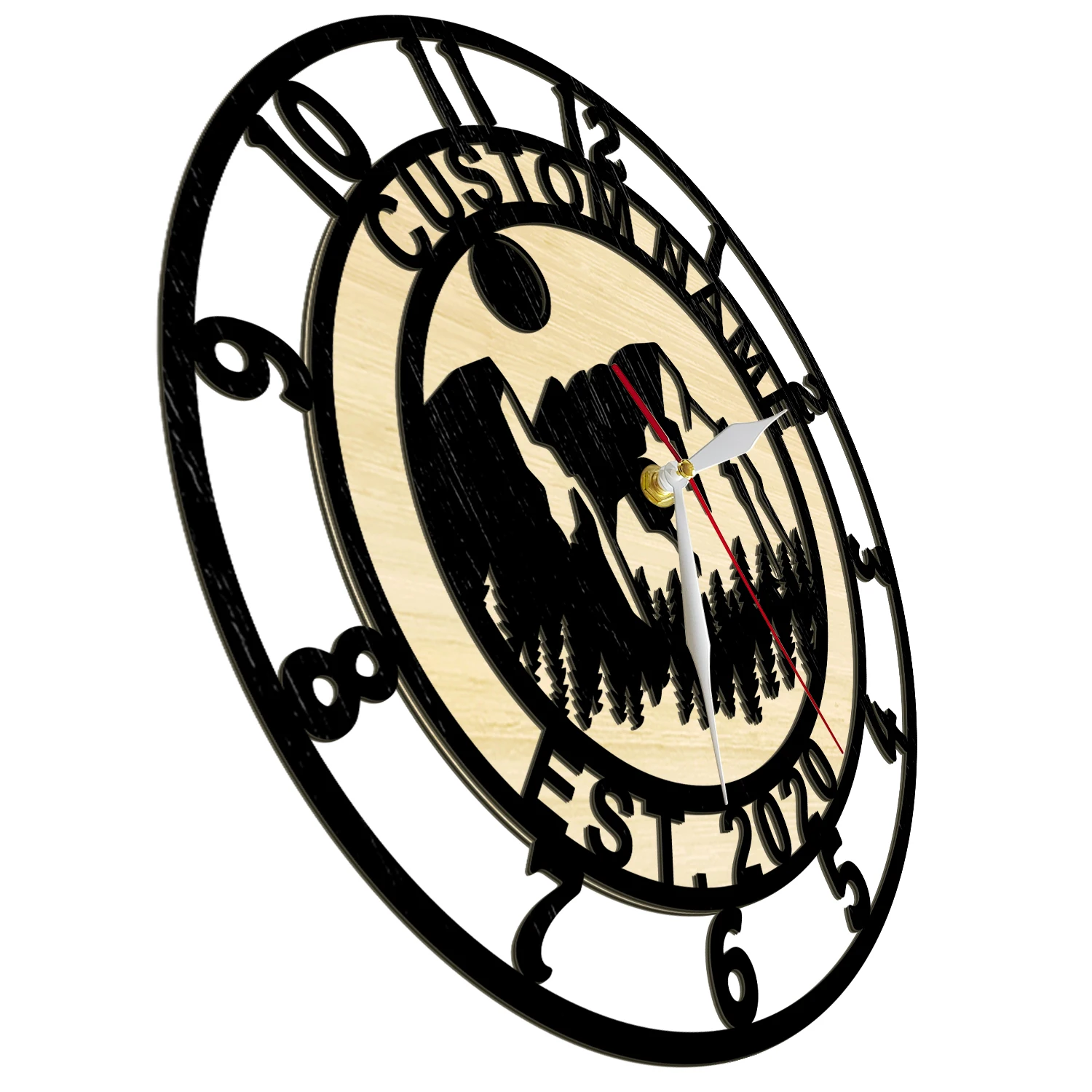 Personalized Sunset High Mountain Layered Wooden Wall Clock Rustic Forest Home Decor Watch Woodcraft Timepiece Timber Wall Clock