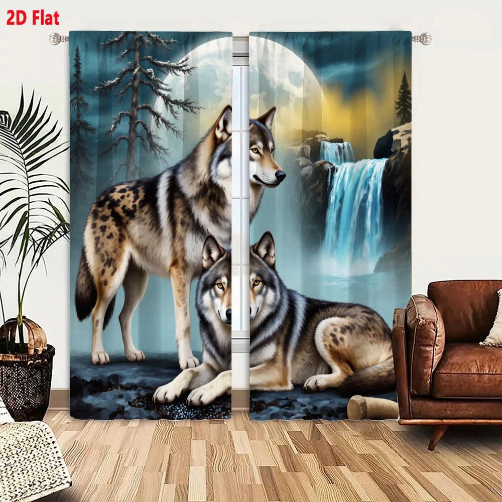 2Pcs Curtains 2D Flat Surreal Misty Natural Landscape With Two Wolves Full Moon Waterfall And Rocky Ground Window Drapes for Bed