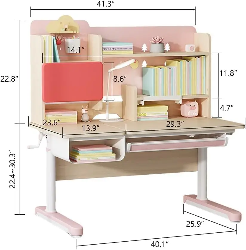 Kids Study Desk and Chair, Height Adjustable Wooden Children Desk with Bookshelf, Tiltable Desktop, Tablet Holder