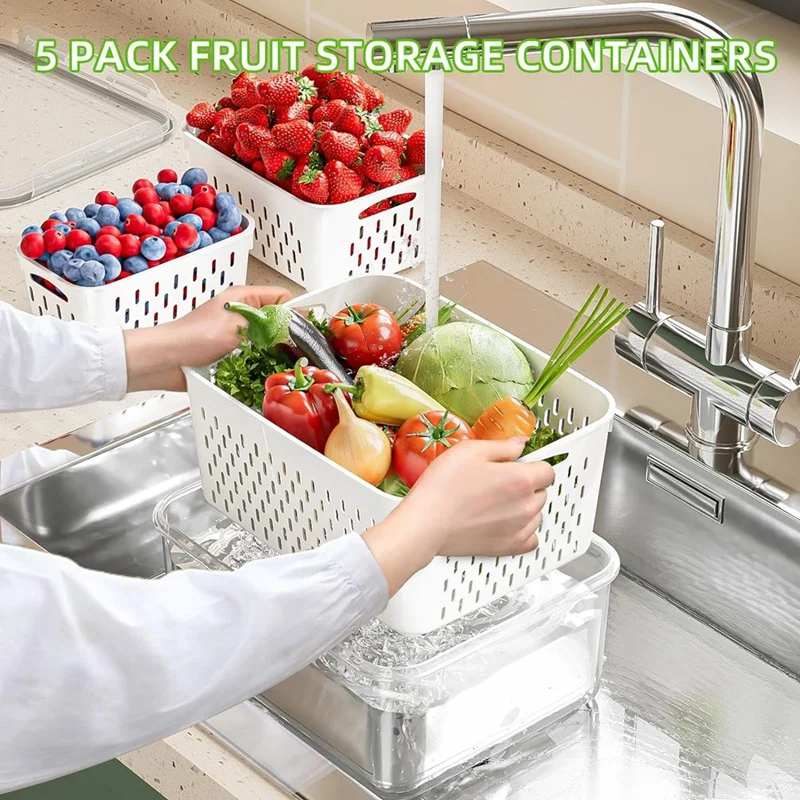 5 Pack Fruit Storage Containers For Fridge With Removable Colanders - Food Storage Containers With Lids Easy Install