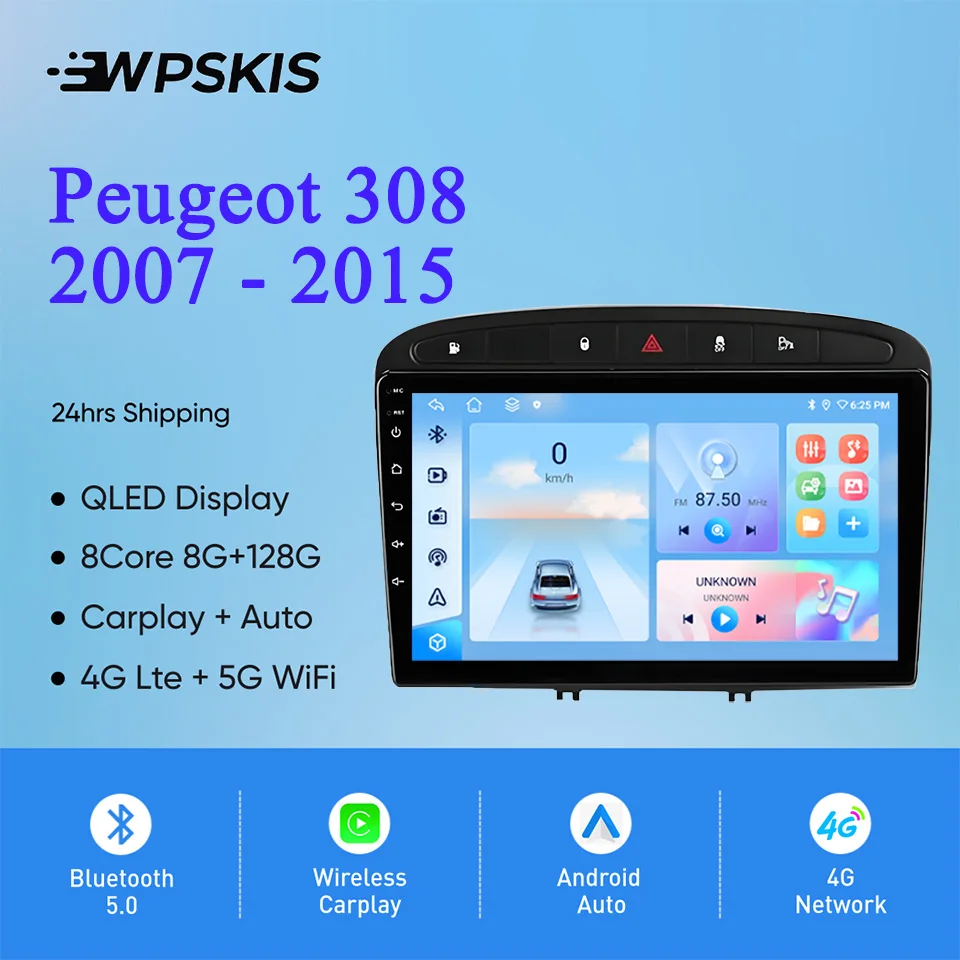 9'' QLED Android 14 8G 128GB For Peugeot 408 308 308S 2007 - 2015 Auto Car Radio Stereo Multimedia GPS Navi Monitor PC Tablet BT