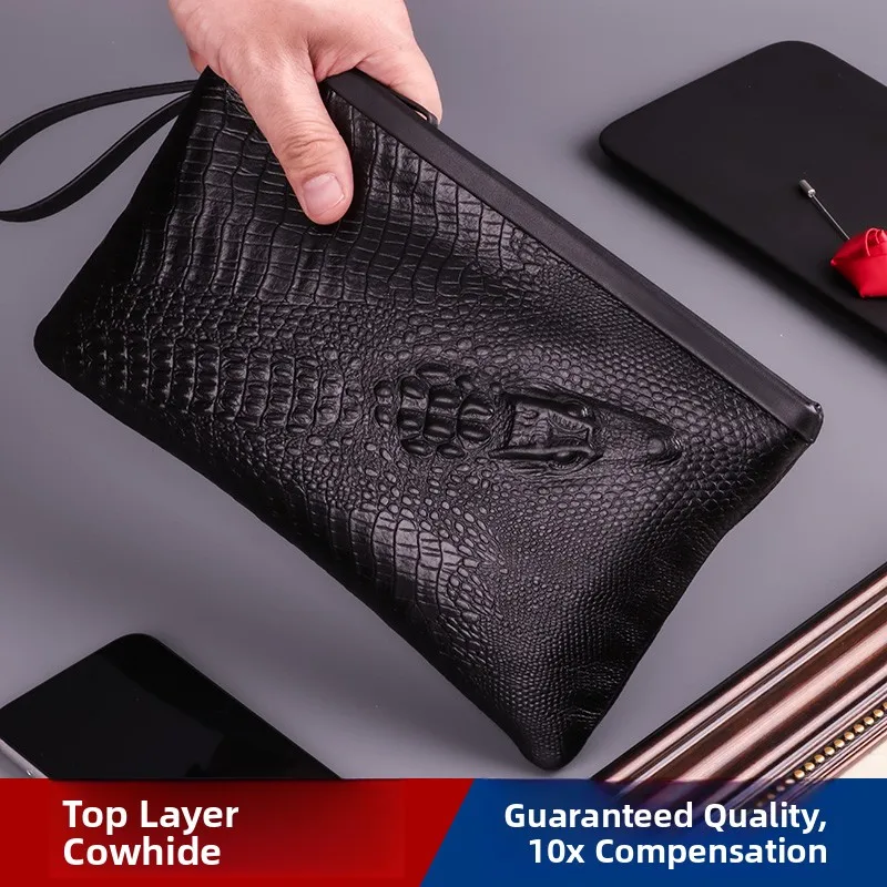 Genuine Top Layer Cowhide Handbag for Men Crocodile Pattern Envelope Sle Luxury Leather Bag Soft Casual Handheld Bag