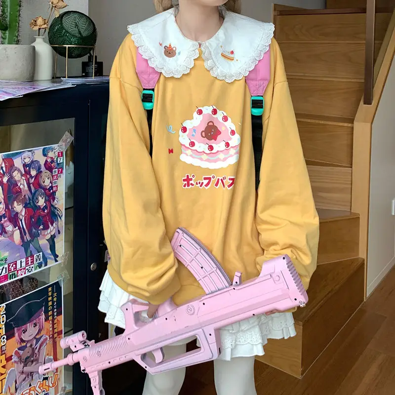 Harajuku Lolita Sailor Collar Sweatshirt Girl Cute Pink Clothes Autumn Anime Embroidered Pullover Cake Cartoon Sweatshirts Women