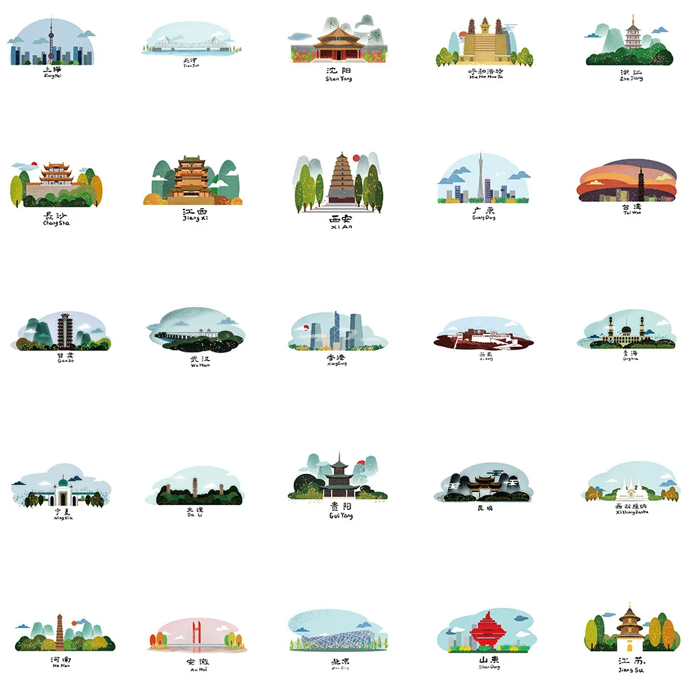 10/30/50PCS Famous Landmarks All Over China DIY Gift Graffiti Stickers For Luggage Guitar Laptop Cartoon Stickers Wholesale