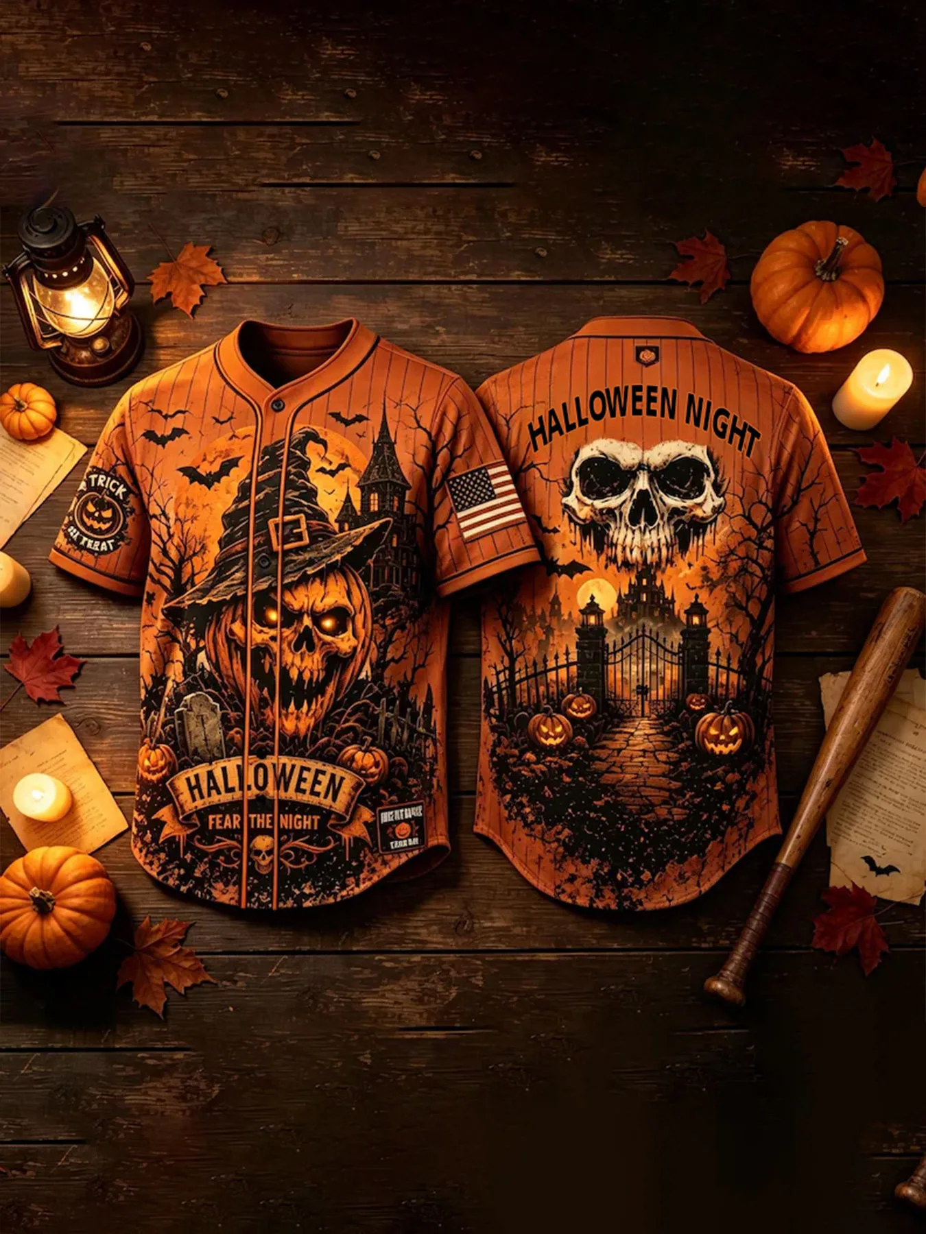 Customization Baseball Jersey Men's Fashion Halloween Trendy Fall Street Style Graphic Tee With Witch Hat Pumpkin Skull Haunted