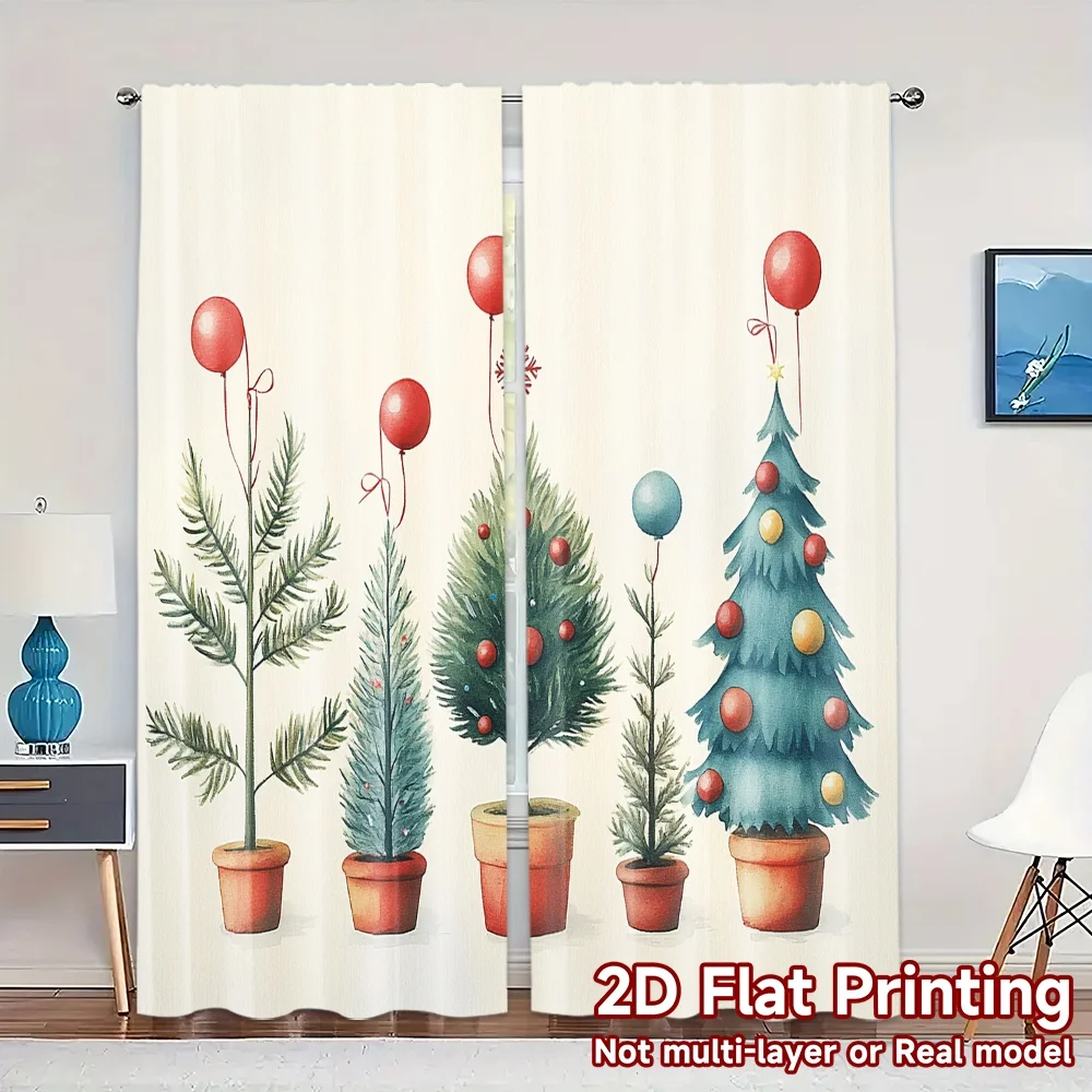 2pcs,Curtains Christmas Tree Ornament Watercolor Chic Chic Curtain Versatile Polyester Fabric Curtains Decorations Decorative