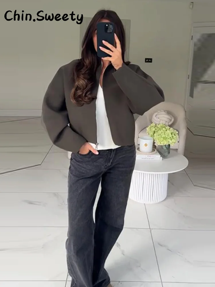 Ležérní dámské pletené zkrácené bundy se stojáčkem, volné kabáty s dlouhým rukávem a zipem, podzim/zima 2025, elegantní dámské outfity na dojíždění - náhled 4