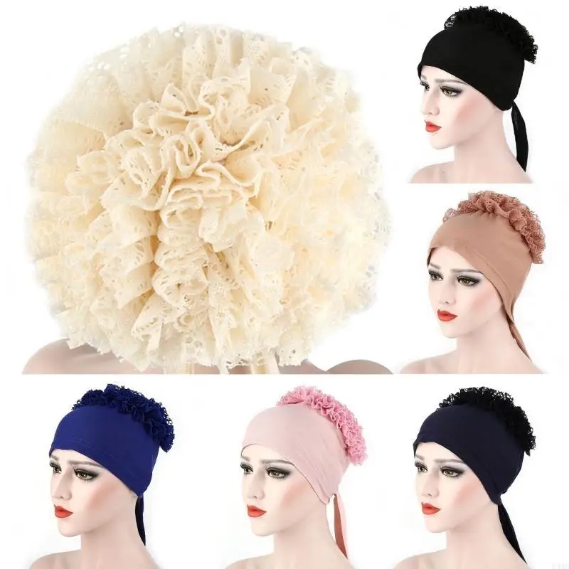 Large Muslim Hat Casual Lace Flower Decor Hat Hair Sleeping Wraps Lightweight Cotton Stretch Hats for Women F3MD