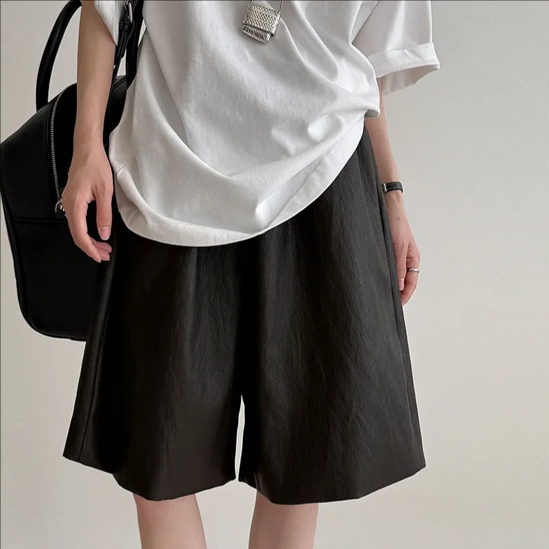 

Осенние кожаные шорты с высокой талией и широкими штанинами, повседневные свободные шорты, загрузка изображения, новый стиль