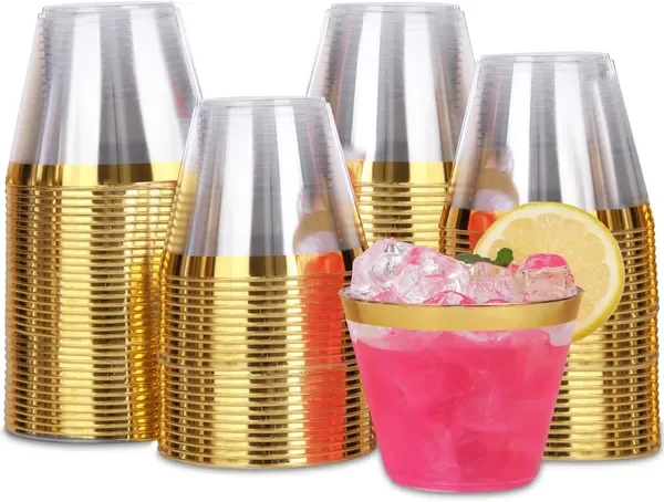 

100 Pack Gold Rimmed Plastic Cups - 9 oz Hard Clear Plastic Cups, Premium Disposable Cup For Cocktail
