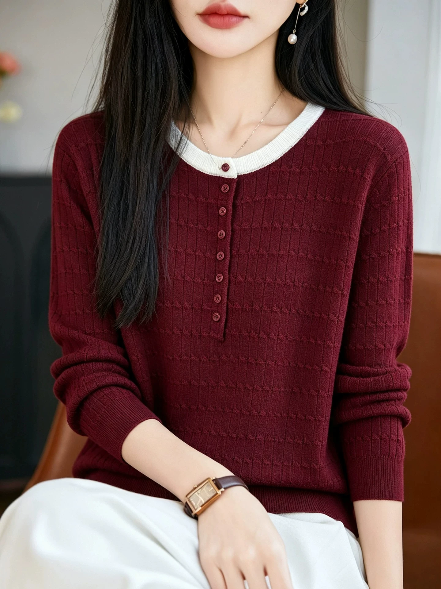 Ladies Long Sleeve round Neck Knitted Sweater Lazy Style Color Block Twist Knitwear Versatile Warm Fashionable Base Shirt Top