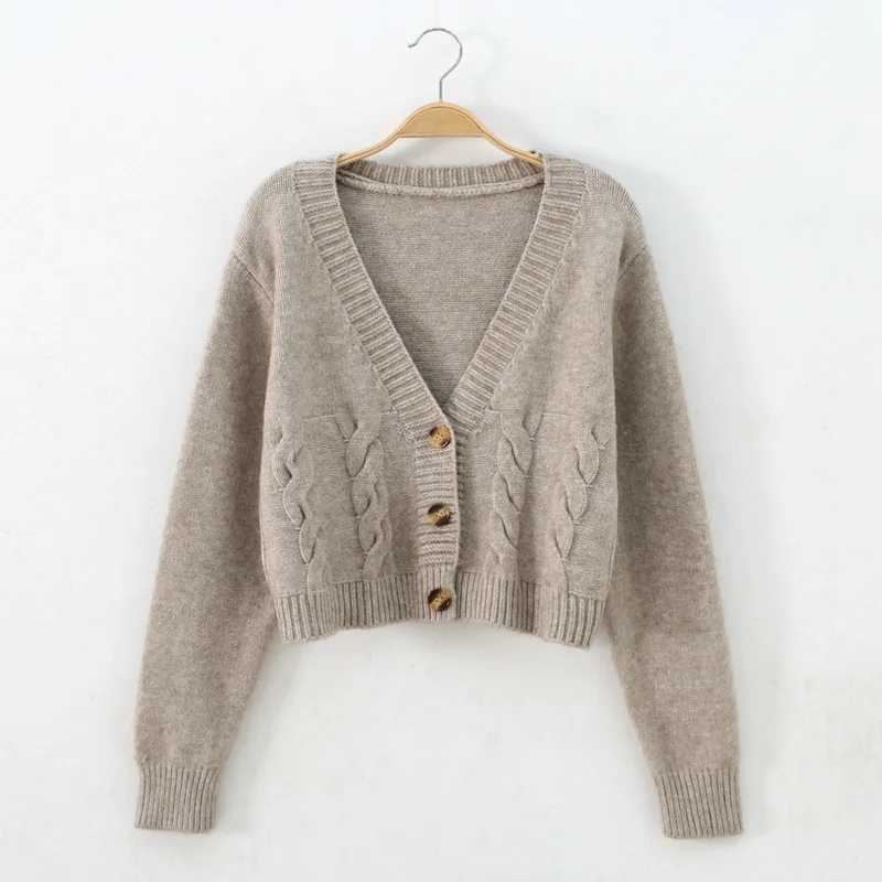 Sexy V Neck Button Long Sleeve Cropped Thick Knitted Sweaters Autumn Winter Korean Loose Knitwear Cardigans PYMY-MY968749