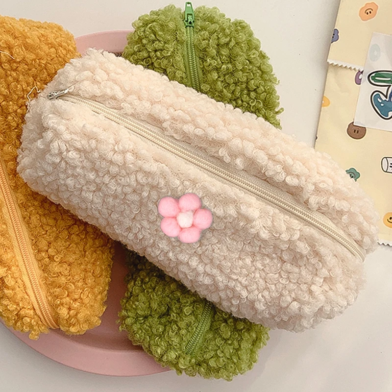 Cute Plush Pencil Pouch Lamb Wool Pen Bag Girls Kawaii Stationery Large Capacity Pencil Case Pen Box Personalized Storage Bag