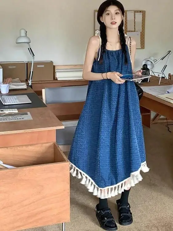 

plus Size 300 Pounds Korean Style Splicing Tassel Strapless Dress Summer Loose Sweet Beach Long Skirt for plus Size Women