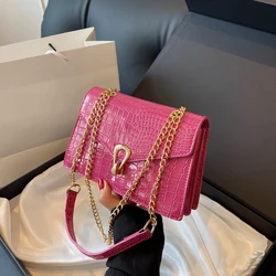 Rose Red Crocodile Pattern Chain Women's Bag 2024 Spring New Trend Korean Single Shoulder Crossbody Women's Bag Small Square Bag