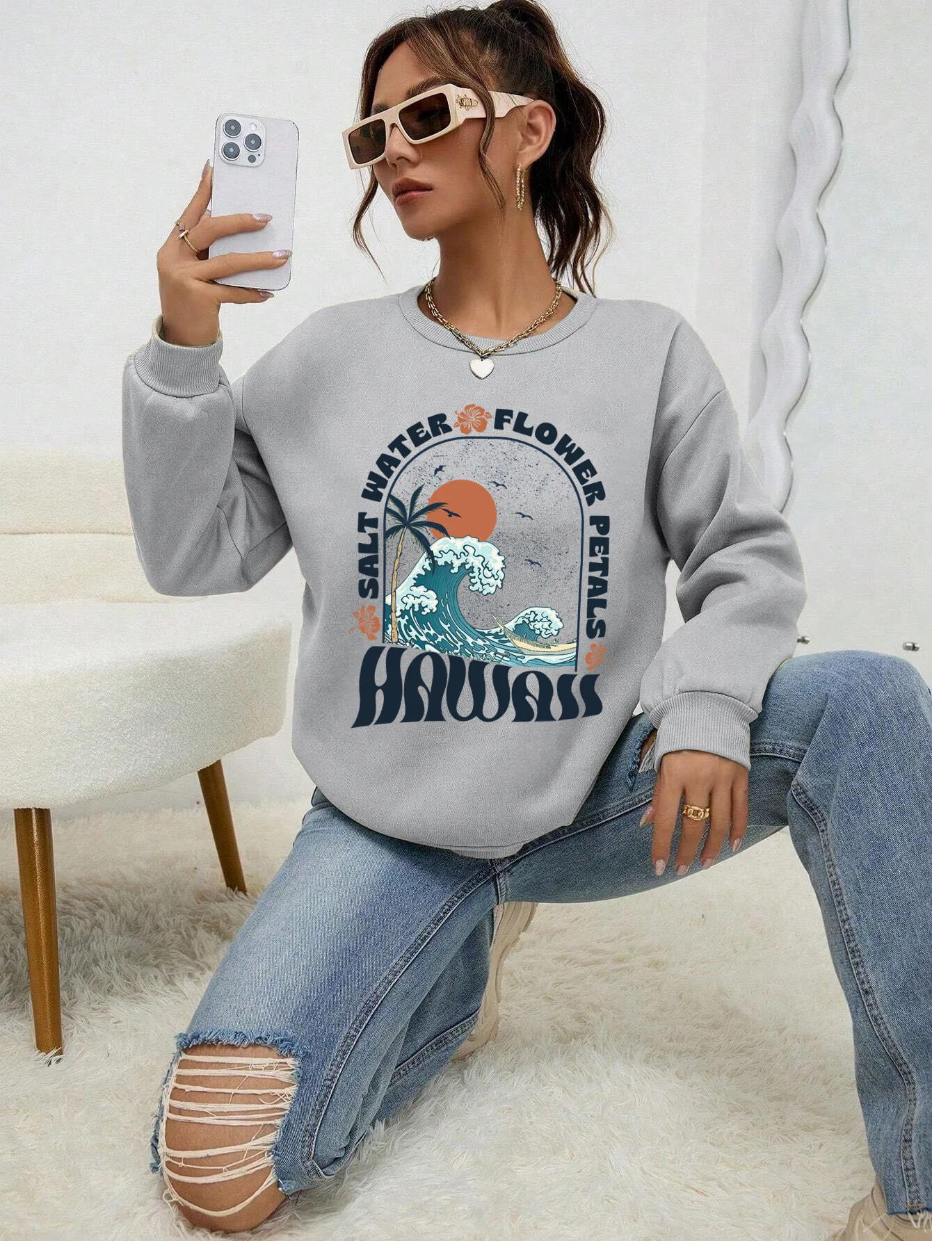 Hawaii Waves Coconut Trees Sunset Print Sweater Women Creative Fleece Hoody Autumn Sweatshirt Fashion All-Match Woman Clothes