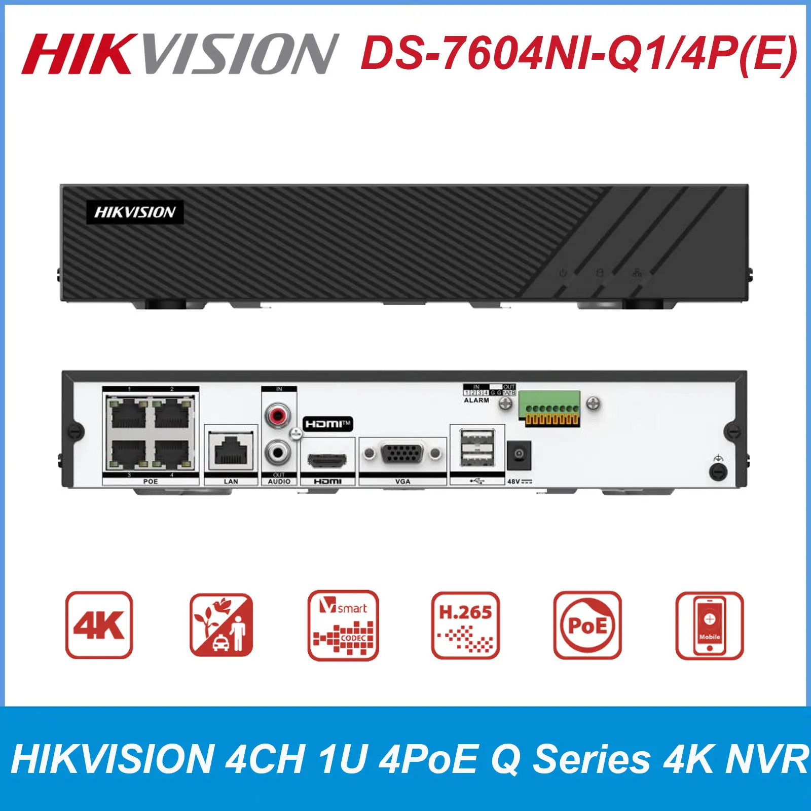 Hikvision AcuSense 4K PoE NVR DS-7604NI-Q1/4P(E) DS-7608NI-Q1/8P(E)  DS-7616NI-Q2/16P(E) 4CH 8CH 16CH PoE Network Video Recorder