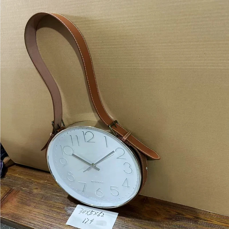 30cm Diameter Iron Round Clock with Leather Strap Hanger, Minimalist European Retro Home Decor, Rustic Wall Art Timepiece