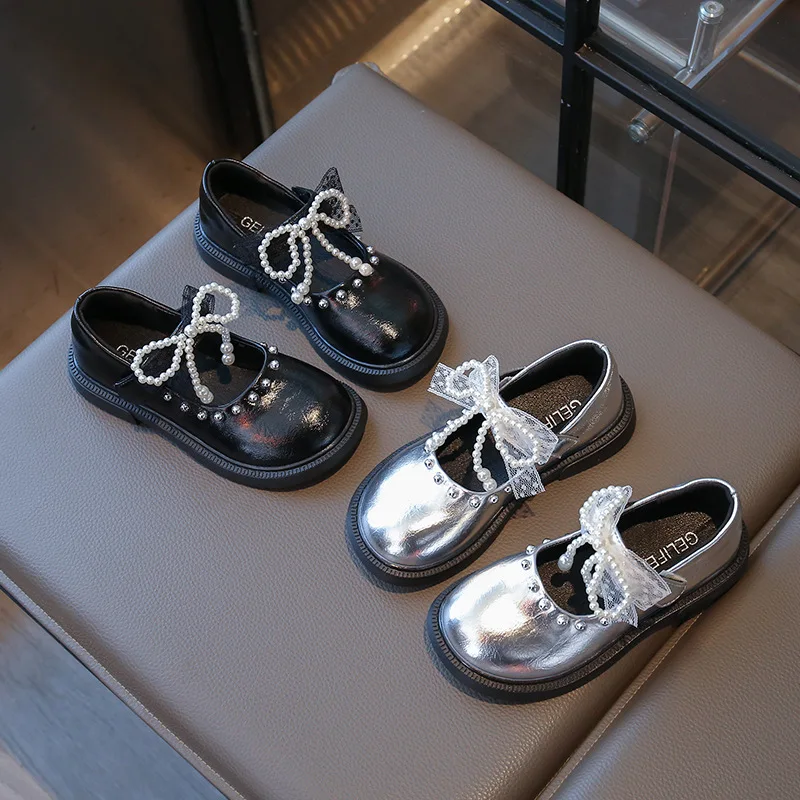 

Girls PU Leather Shoes Pearl Bow Princess Spring Autumn New Children's School Student Black Silver Loafer Size 26-36
