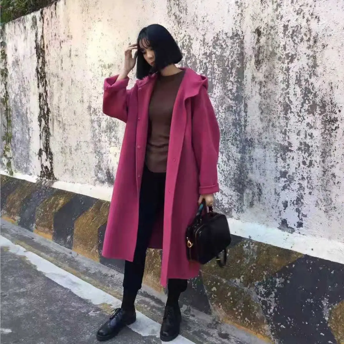 

Hooded large size double-sided cashmere coat women's autumn and winter new Korean version women's loose wool coat long over