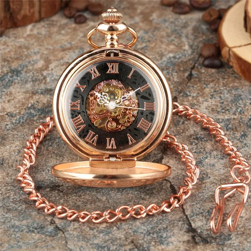 Rose Gold Roman Numbers Skeleton Mechanical Hand-Wind Pocket Watch with Pendant Chain Men Women Gift Rose Gold Clock Reloj