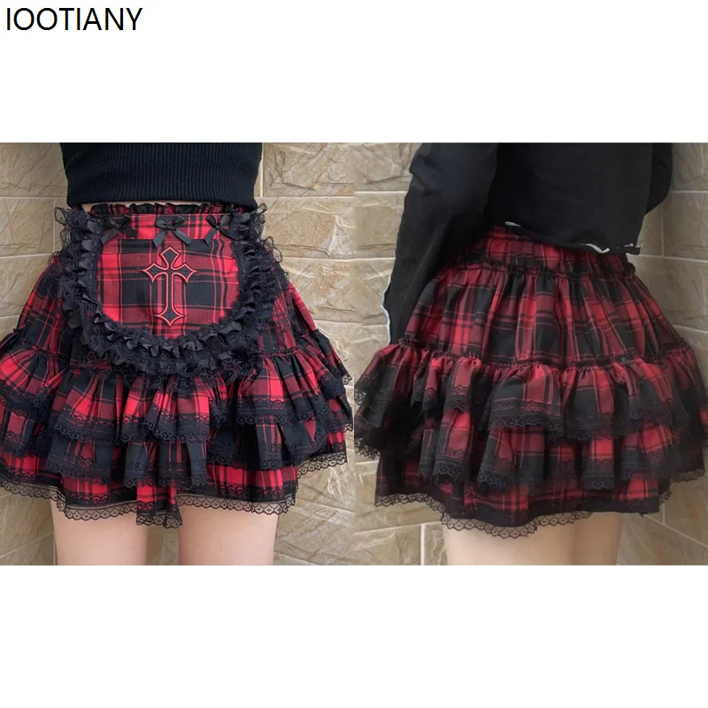 

Women Sexy Hot Girl Punk Black Red Lace Plaid Mini Skirt Gothic Cake Skirts Japanese Sweet Short Skirt Bottoms With Safety Pants