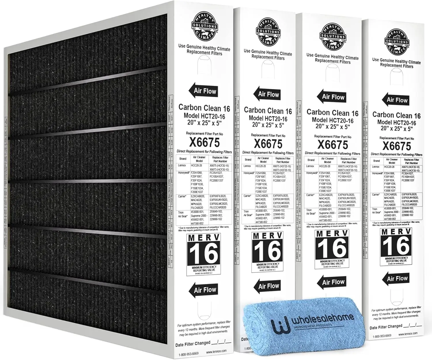 20x25x5 Air Filter, Lennox Healthy Climate Carbon Clean Merv 16 Home Furnace Filter for HVAC system 4 Pack with Cleaning Cloth