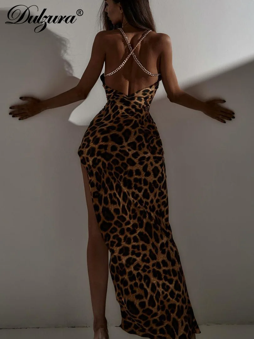 Dulzura Leopard High Slit Cami Bodycon Maxi Dress senza maniche Backless Sexy Party Clubwear per l'autunno