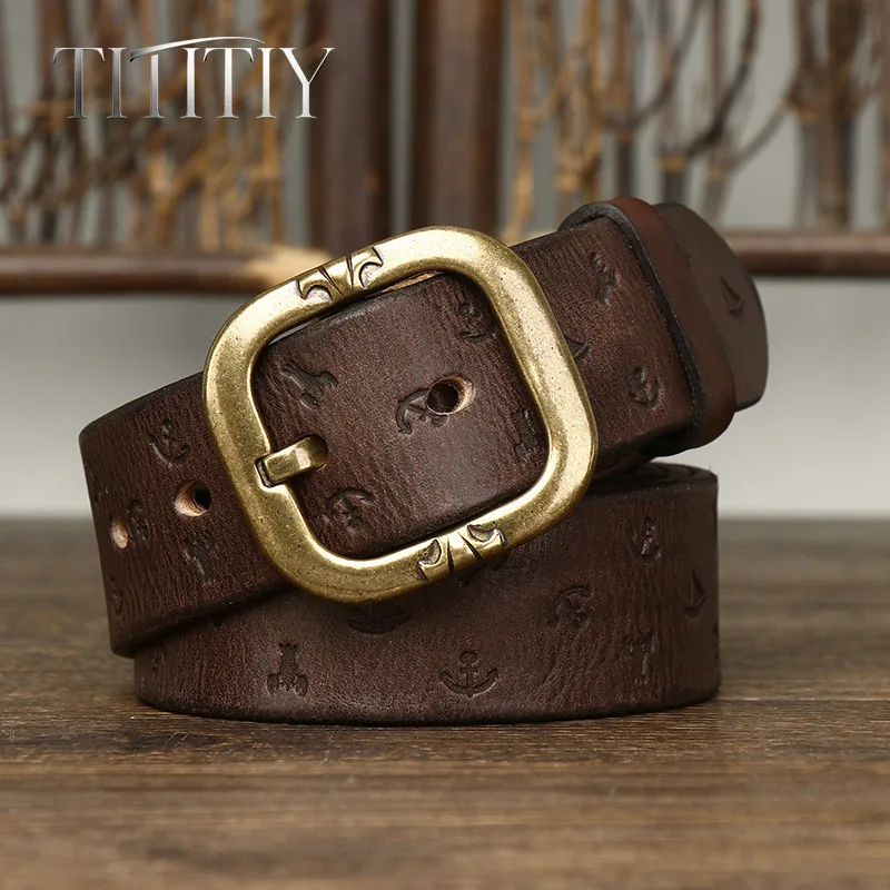 38mm Wide Vintage Luxury Embossed Totem Cowhide Belt for Men, Genuine Leather Copper Buckle All-match Jeans Waist Band for Men's