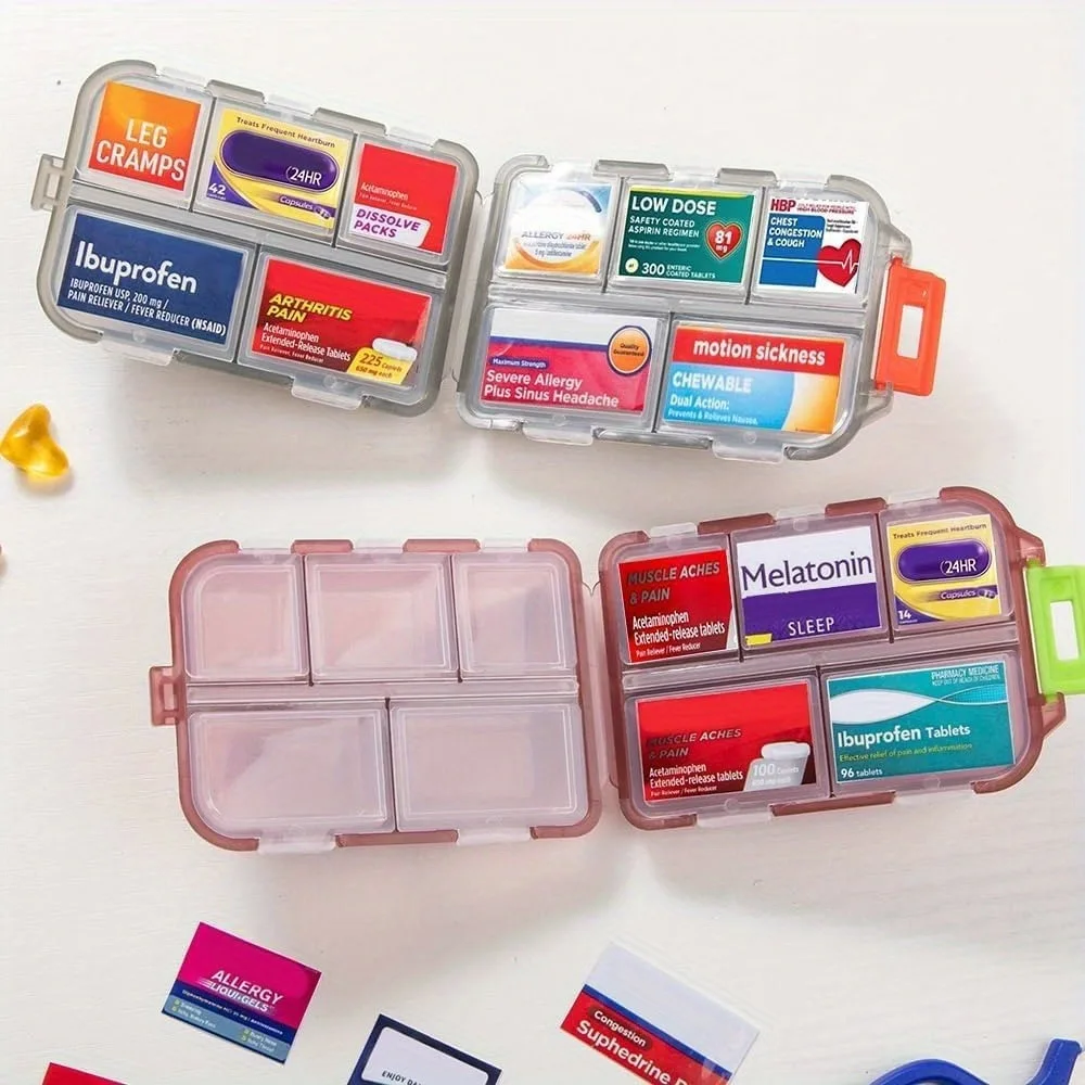 Compact Travel Pill Organizer with 10 Compartments and 10 Medicine Stickers Portable Box for On the Go Storage