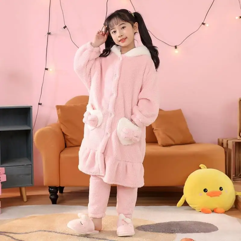 Sanrioed Kuromi-pijamas gruesos de lana de Coral para niñas, ropa de dormir de dibujos animados Cinnamoroll, bata térmica para niños, ropa de casa para niños, Invierno