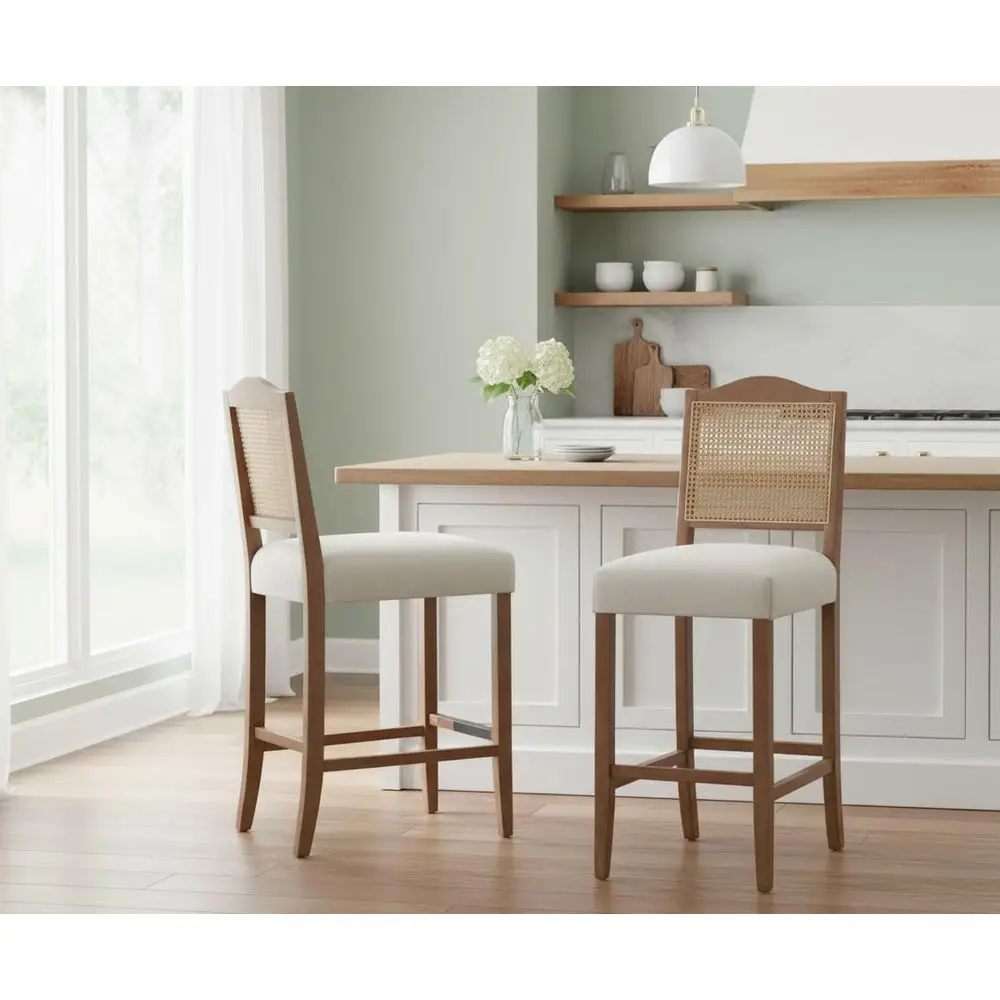 Set of 2 Wooden Bar Stools, Upholstered Linen Seat, 30 Inch Height, Beige