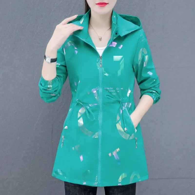 

Chic Casual Windbreakers Women's Overcoat Spring Autumn New Mid-Length Slim Lace-Up Hooded Printed Trench Coat Outer Wear Top