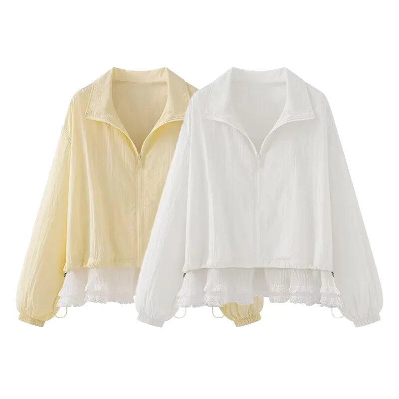 

Women's Fashionable Designer Jacket Autumn Winter Loose Patchwork Floral Solid Short Jacket Vantage Lace Hem Lapel Outwear