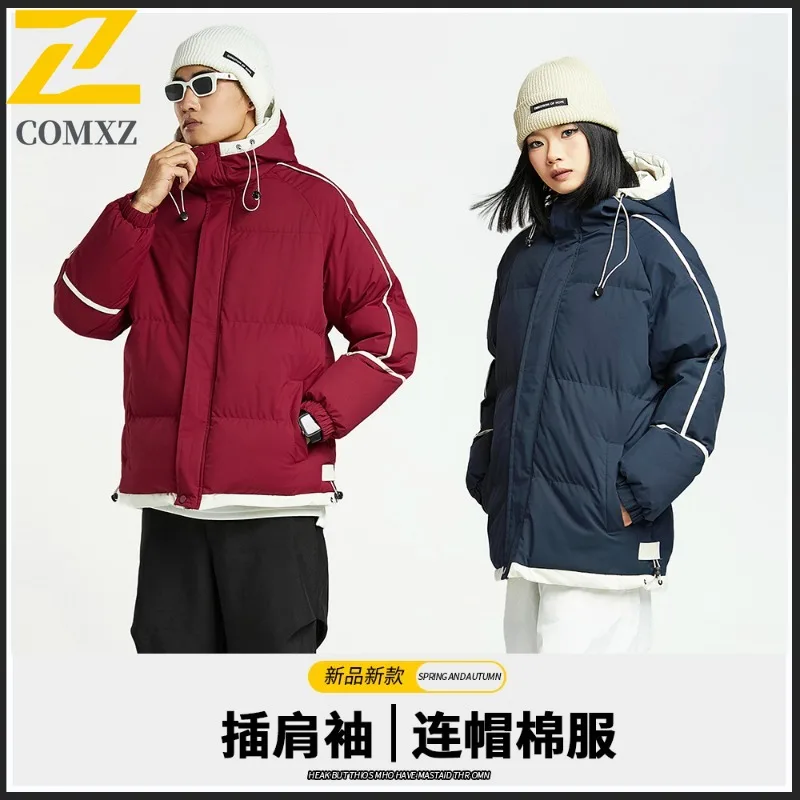 COMXZ 2025 Winter Fashion Hooded Puffer Jacket American style Unisex Casual Loose Fit Warm Waterproof Windproof Solid Color Coat
