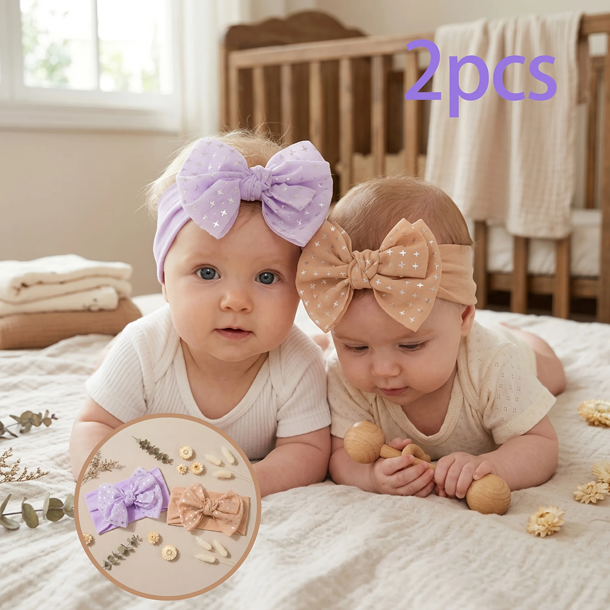 2Pcs/Set Baby Girl Headband Large Bow Silver Star Print Soft Elastic Hair Band for Newborn Infant Toddler Hair Accessories