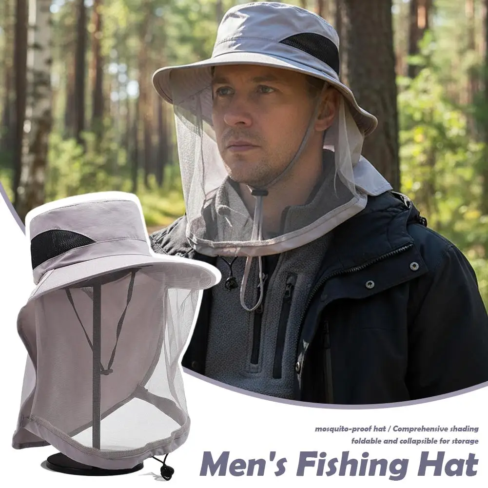 Mosquito Net Sun Hat For Men Women UV Protection Wide Brim Bucket Hat With Netting Adjustable Chin Strap For Fishing Hiking