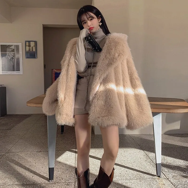 Femmes chaud fausse fourrure de renard manteau à manches longues revers manteaux courts dame veste élégant Streetwear fourrure vestes Cardigan automne hiver