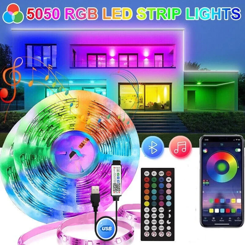 

USB RGB LED Strip Kit 1-30M Music Sync WiFi App Control Mode Sound Activated with 44Key Remote DC5V Power for Party PC Decoratio