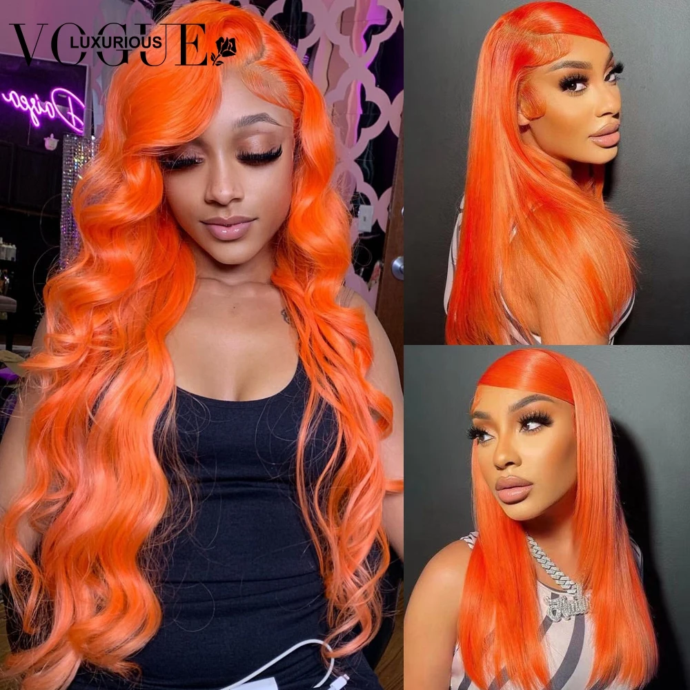 Bright Orange Loose Body Wave Wigs Brazilian Virgin Human Hair 13x4 Transparent Lace Front Silky Straight Wig for Women