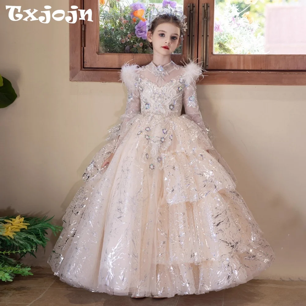 Gorgeous Beaded Appliques Girls Dress For Birthday Party Elegant Feathers Long Sleeve Kids Princess Gown Stunning Pageant Gowns
