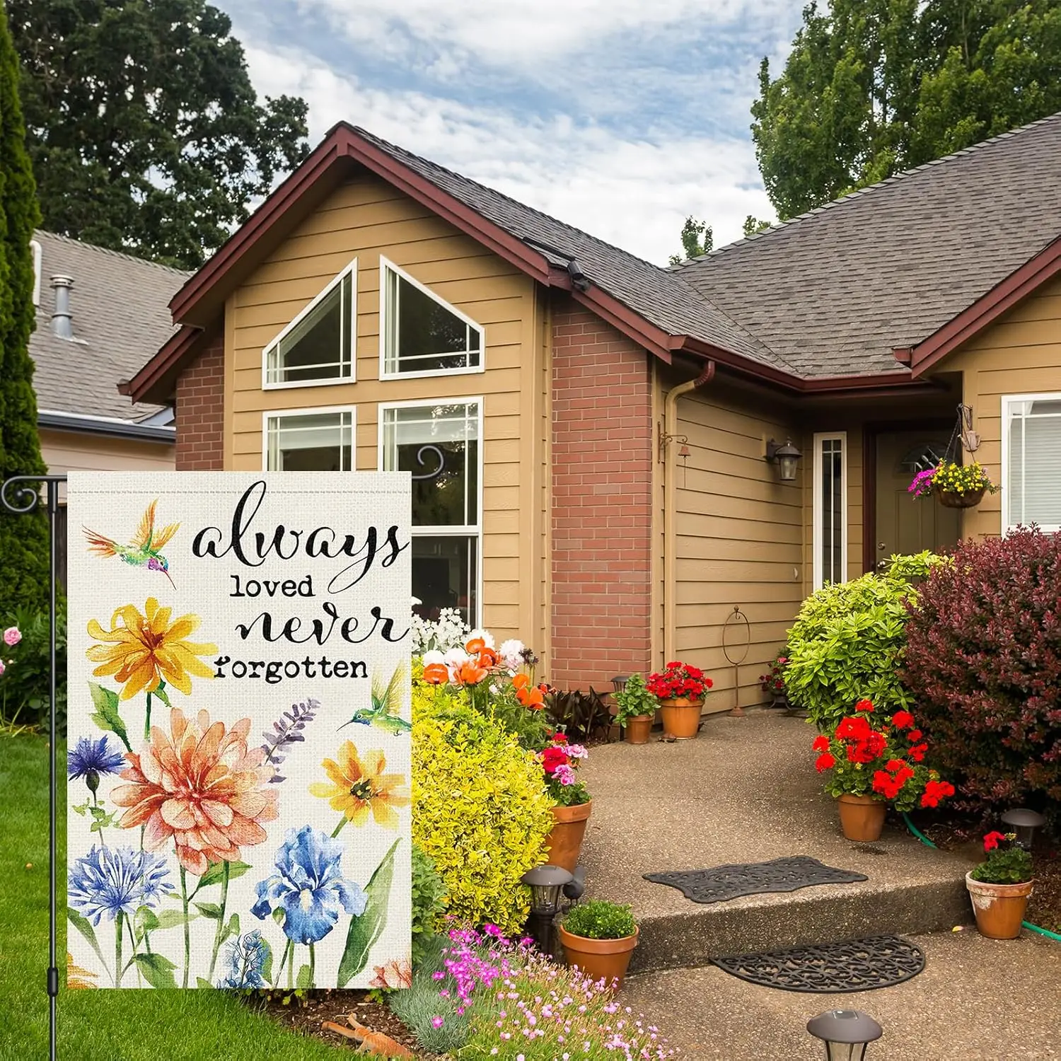 Louise Maelys Spring Summer Memorial Garden Flag Always Loved Never Forgotten Hummingbird Double Sided 12x18 Inch Floral Sea AAS