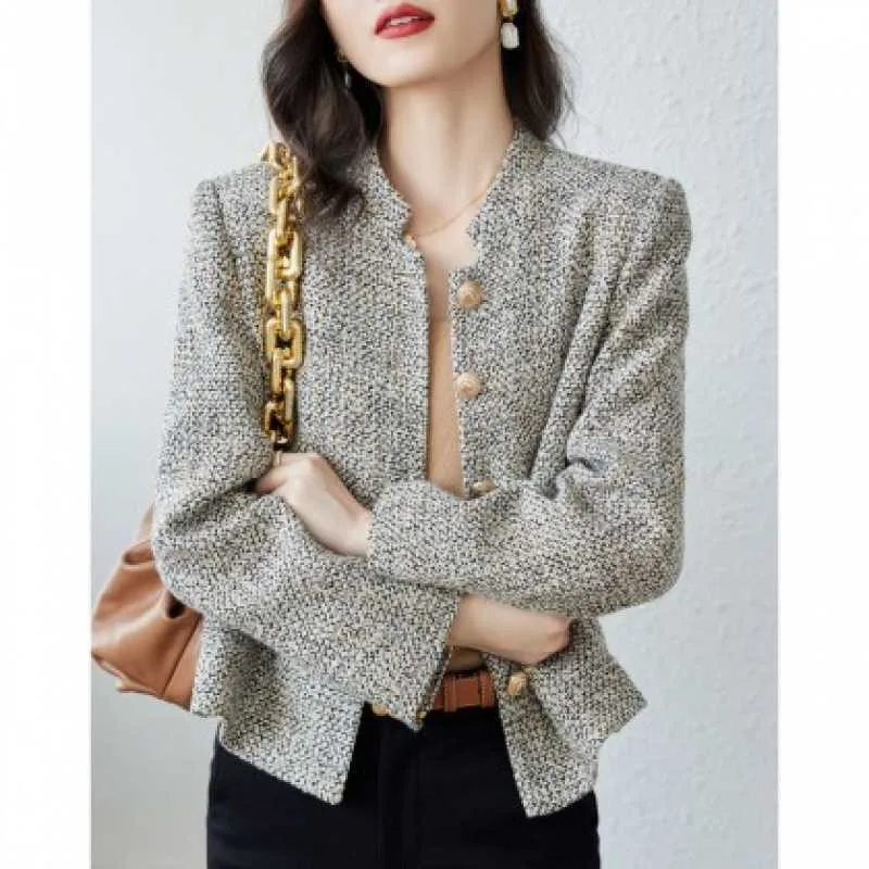 

Fall Winter White Tweed Jacket Women Korean Fashion Luxury Commuter Stand Collar Single-breasted Loose Coat Female Outwear