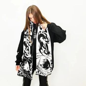 Bufanda de punto de rayas con diseño de estrella a la moda de invierno para hombre, bufanda de invierno, delantal, bufanda negra con estampado de borlas