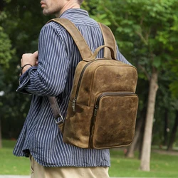 Mochila Vintage de cuero Crazy Horse para hombre, bolso para portátil de negocios de 15 y 16 pulgadas, mochila escolar de viaje de gran capacidad para niños