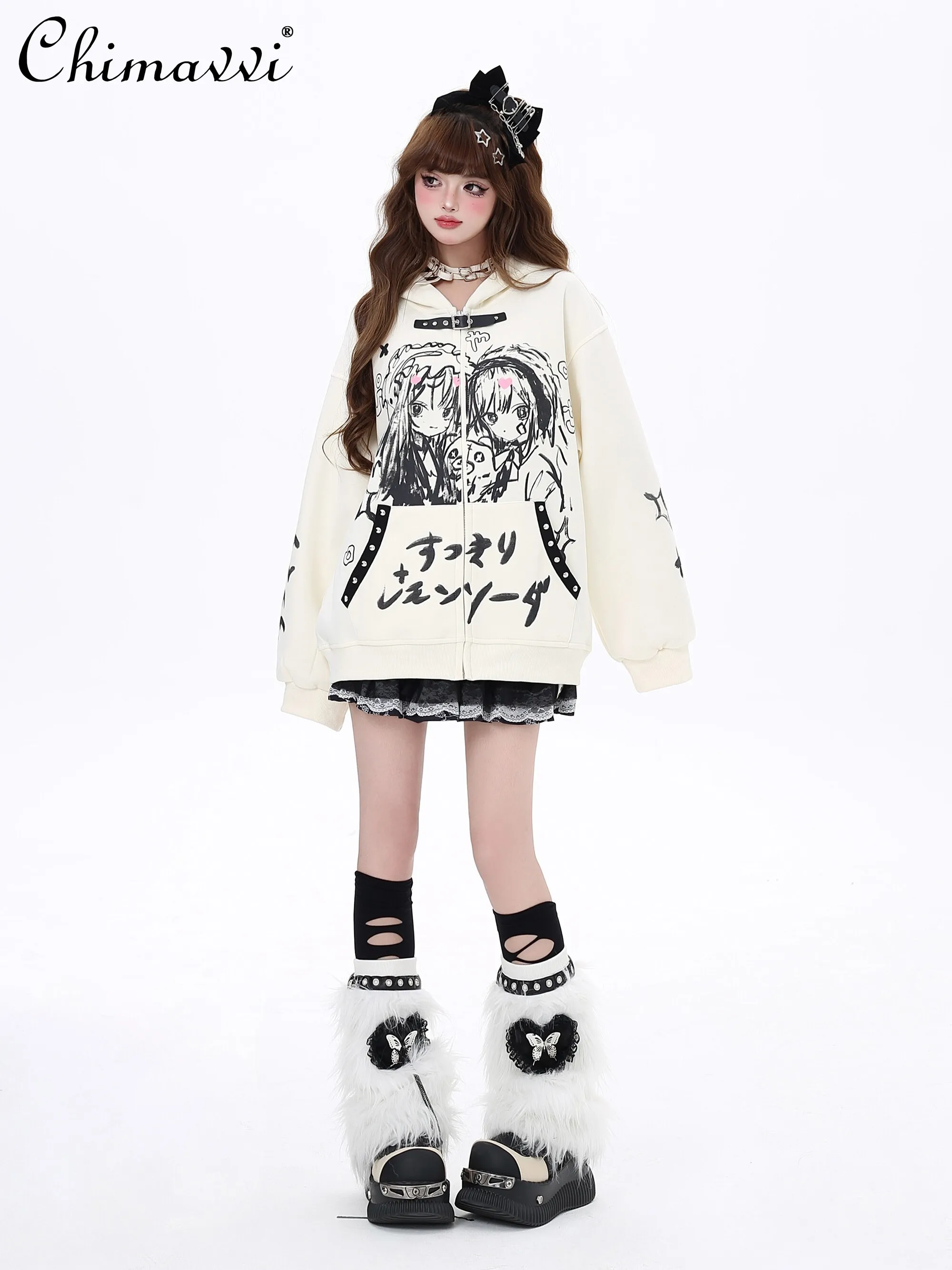 Japanese Subculture Girl Harajuku Leather Ring Loose Sweatshirt Autumn New Preppy Style Sweet Anime Print Zip Up Hoodie Women