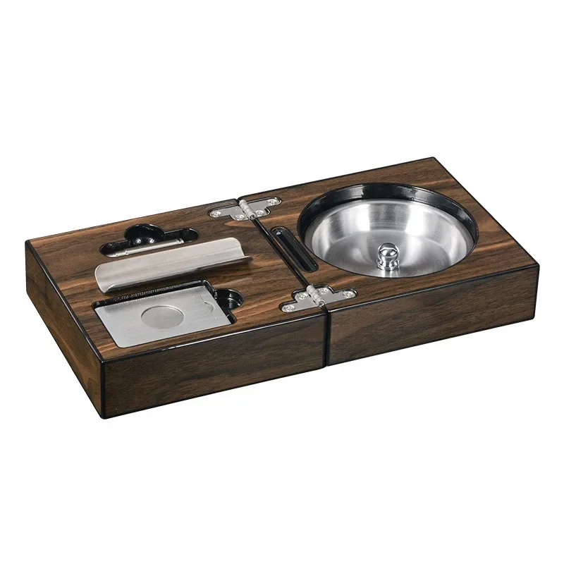 

Cigar Cigarette Ashtray Smoking Accessories Solid Walnut Wood Luxury Foldable Ash Tray Include Cigar Cutter Holder Hole Opener