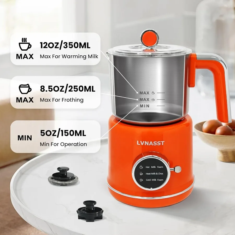 رغوة الحليب الكهربائية المصنوعة من الفولاذ المقاوم للصدأ 3 في 1 للقهوة سعة 12 أونصة صانع رغوة سميكة وباردة باللون البرتقالي