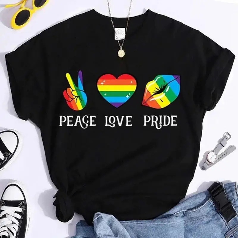 

Peace Love Pride Colorful Print Women T Shirt Short Sleeve O Neck Loose Women Tshirt Ladies Tee Shirt Tops